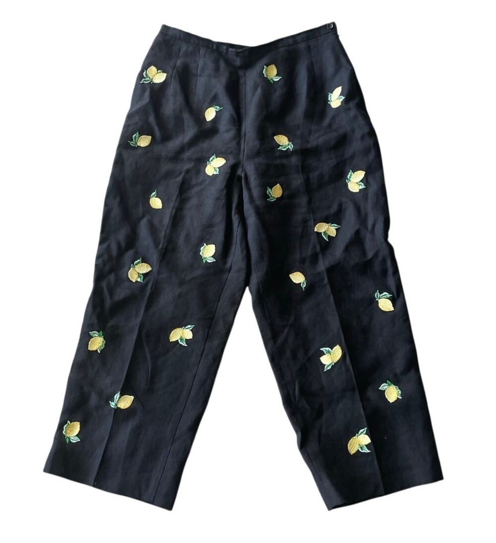 Talbots Size 10P Linen Black Lemons Embroidery Crop Chino Vintage High Waist